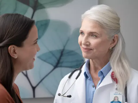 A smiling doctor with a stethoscope around her neck talks to a patient.