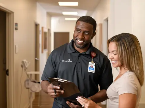 AdventHealth staff member and patient smiling and looking at a clipboard in a hallway.