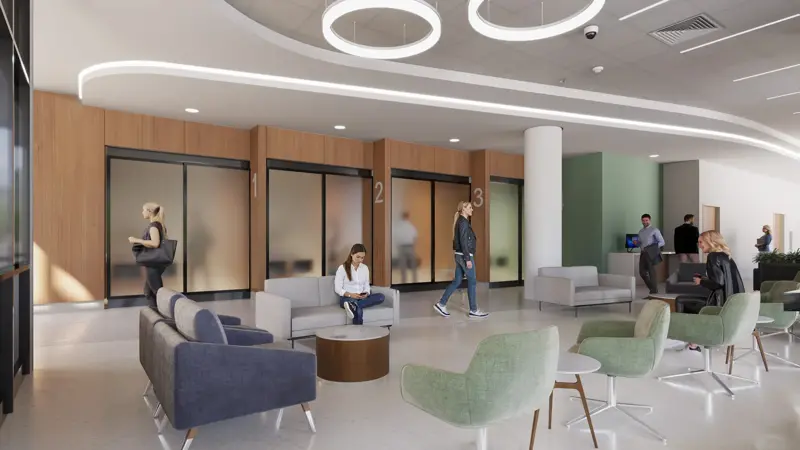 A modern health care facility registration area with numbered consultation rooms, comfortable seating in gray and green tones, and natural wood accents throughout the waiting space