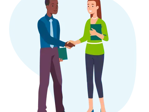 Illustration of a man and woman shaking hands, symbolizing partnership and collaboration.