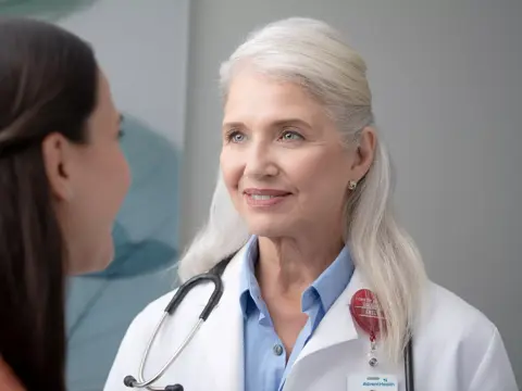 A smiling doctor with a stethoscope around her neck talks to a patient.