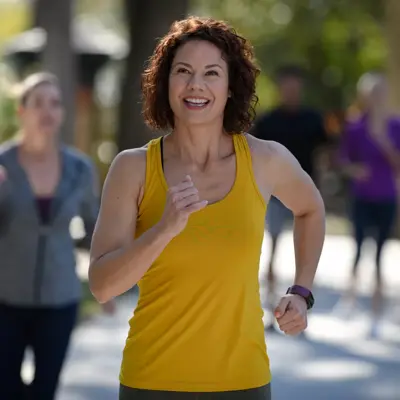 A woman in a yellow tank top is jogging on a path with other people in the background.