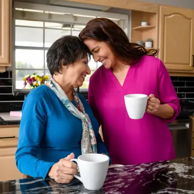 Two women in a kitchen, smiling and holding coffee cups, sharing a moment of connection.