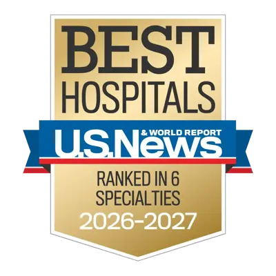 U.S. News and World Report Best Hospitals 2026–2027 badge with gold and blue design indicating ranked in six specialties