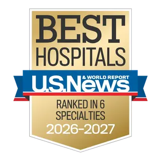 U.S. News and World Report Best Hospitals 2026–2027 badge with gold and blue design indicating ranked in six specialties