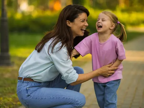 A woman playing with her young daughter outdoors.