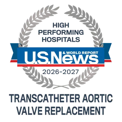 U.S. News and World Report 2026–2027 High Performing Hospitals badge for Transcatheter Aortic Valve Replacement.