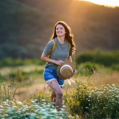 Happy woman is walking on the grass, holding a hat in her hand, while the sun sets behind the mountain.