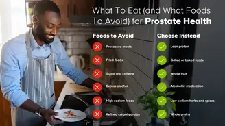 Man in blue shirt and striped apron cooking at his stove in his kitchen, plating food with an infographic about prostate health and dietary choices
