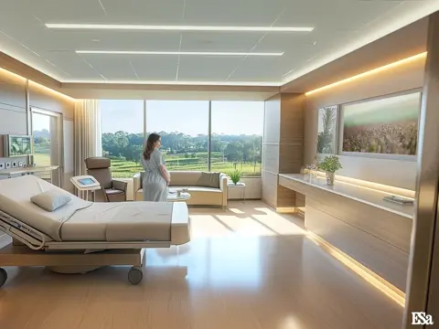 Bright hospital room with a pregnant person in a gown standing by a large window overlooking green fields.