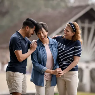 Three smiling individuals, two women and a man, standing together in front of a building.